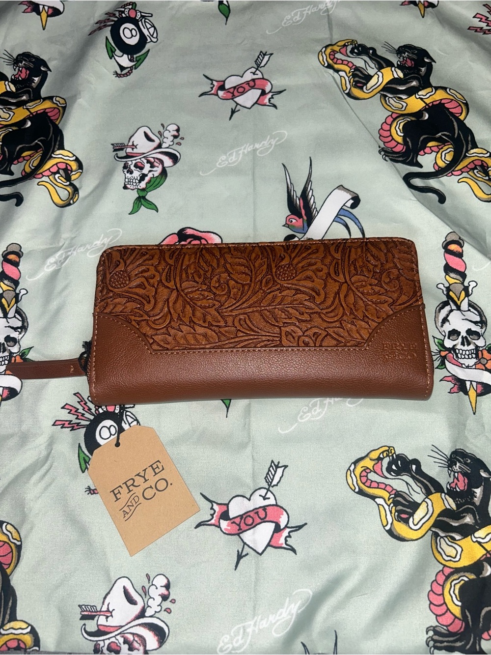 FRYE AND CO. Brown Tooled Leather Zip Wallet